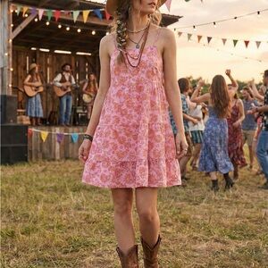 NWT Boho Pink Floral Mini Dress Medium Festival Fairycore Cottagecore Western